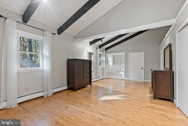 unfurnished living room featuring light hardwood / wood-style flooring, vaulted ceiling with beams, and a baseboard heating unit