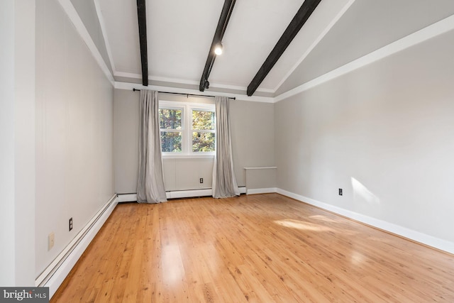 empty room featuring a baseboard radiator, lofted ceiling with beams, and light hardwood / wood-style flooring