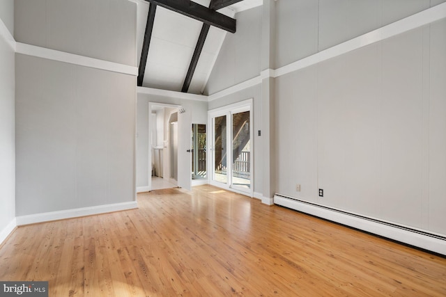 unfurnished living room featuring beam ceiling, high vaulted ceiling, baseboard heating, and light hardwood / wood-style floors