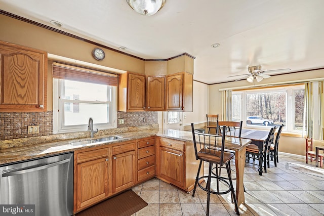 kitchen featuring backsplash, sink, stainless steel dishwasher, and plenty of natural light