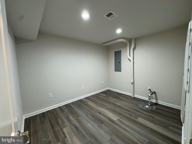 interior space with dark hardwood / wood-style flooring and electric panel