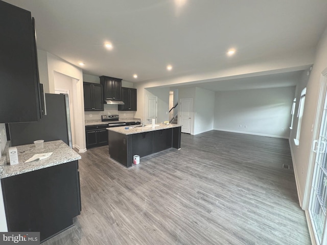 kitchen with light stone countertops, sink, electric range, wood-type flooring, and a kitchen island with sink