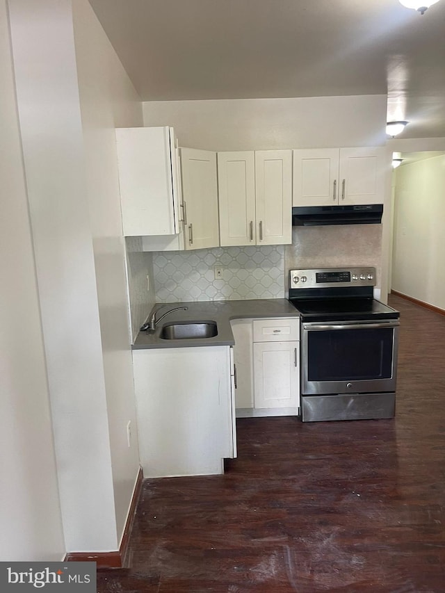 kitchen featuring white cabinetry, a sink, under cabinet range hood, and stainless steel electric stove