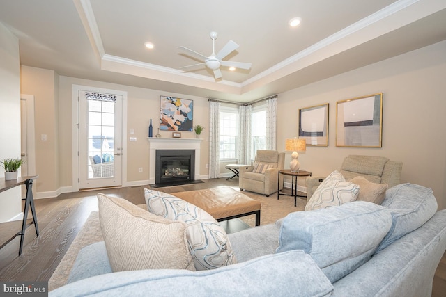 living room featuring wood-type flooring, a raised ceiling, ceiling fan, and a healthy amount of sunlight