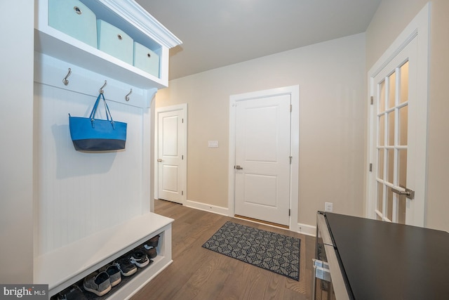 mudroom featuring dark wood-type flooring