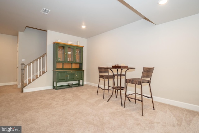 living area with light colored carpet