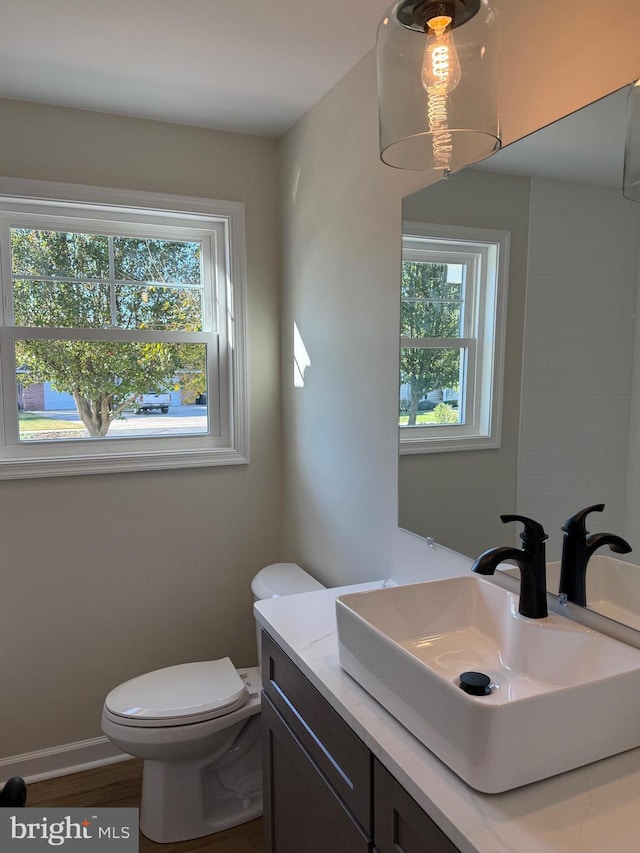 bathroom with vanity, hardwood / wood-style flooring, toilet, and a wealth of natural light