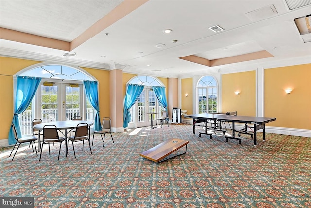 game room featuring french doors, a wealth of natural light, carpet floors, and a tray ceiling