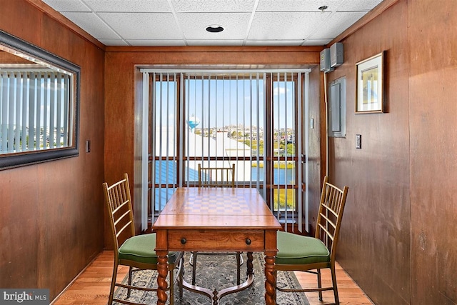 dining area with wood walls, a paneled ceiling, and light wood-type flooring