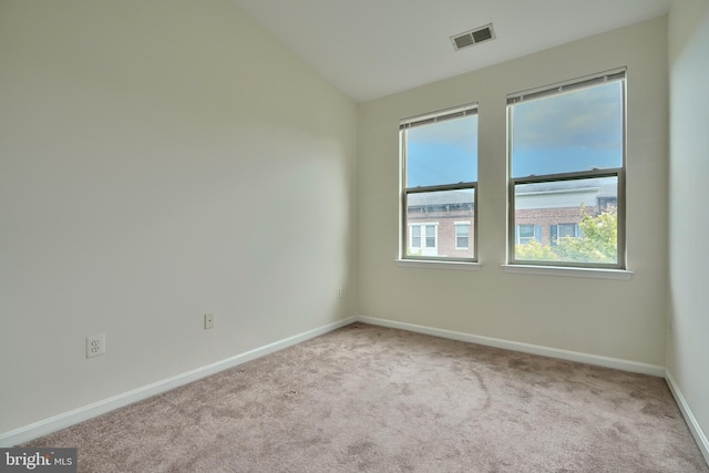 empty room featuring a wealth of natural light, lofted ceiling, and light carpet