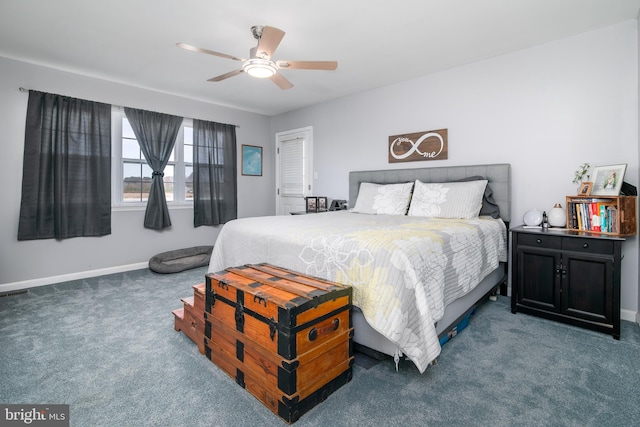 bedroom featuring ceiling fan and dark carpet