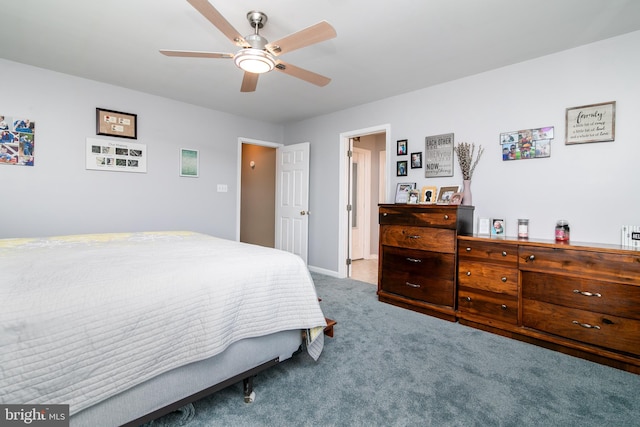 bedroom featuring carpet flooring and ceiling fan