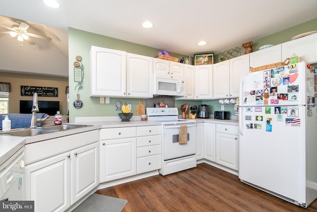 kitchen with white cabinets, white appliances, ceiling fan, and dark wood-type flooring