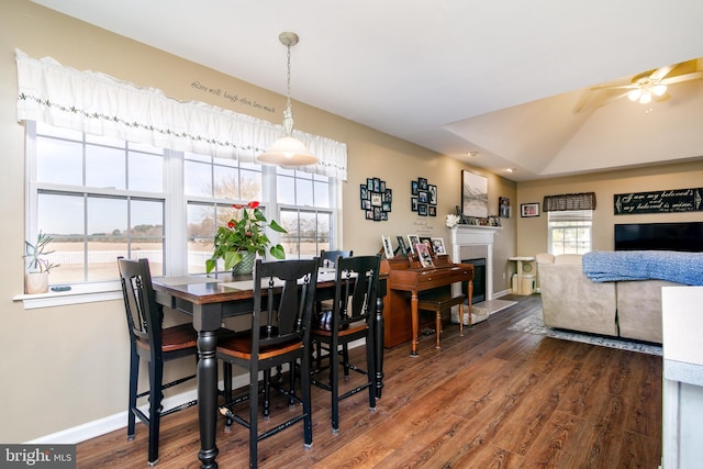 dining area with dark hardwood / wood-style floors, ceiling fan, and a water view