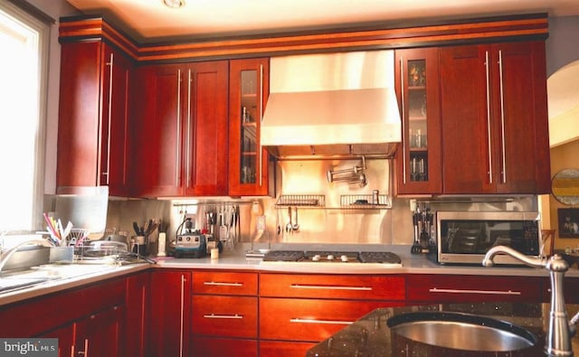 kitchen with wall chimney range hood, sink, appliances with stainless steel finishes, and tasteful backsplash