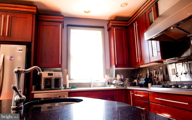 kitchen featuring extractor fan, sink, backsplash, and stainless steel appliances