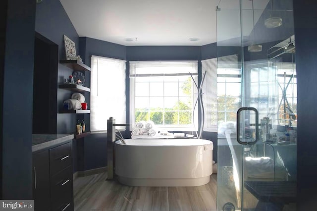 bathroom with hardwood / wood-style floors, a bath, and vanity