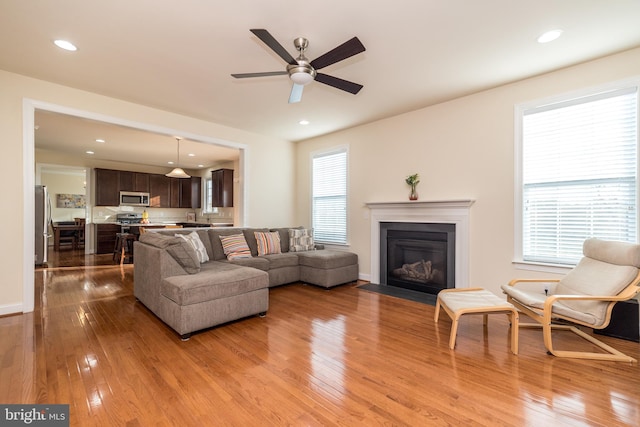 living room featuring ceiling fan, a wealth of natural light, and light hardwood / wood-style floors