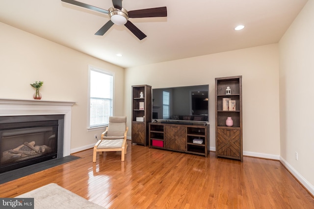 living room featuring wood-type flooring and ceiling fan