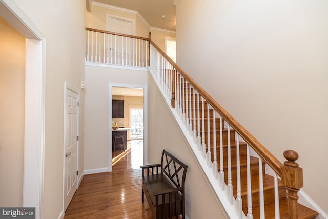 stairs featuring ornamental molding, hardwood / wood-style floors, and a towering ceiling