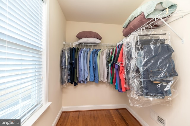 walk in closet with wood-type flooring