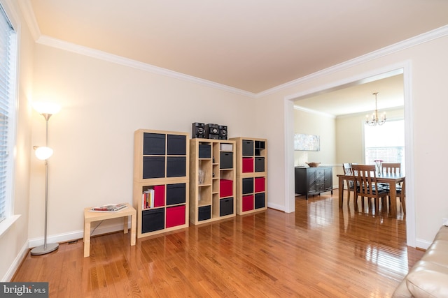 interior space featuring wood-type flooring, a notable chandelier, and crown molding