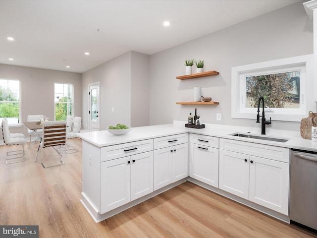 kitchen with sink, white cabinets, light wood-type flooring, kitchen peninsula, and stainless steel dishwasher