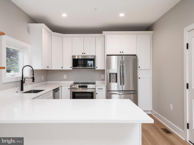 kitchen featuring stainless steel appliances, sink, white cabinetry, light hardwood / wood-style floors, and kitchen peninsula