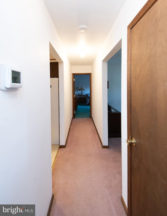 corridor featuring light colored carpet