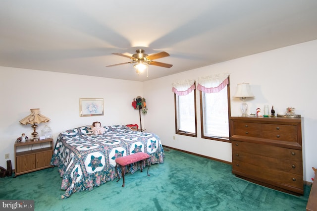 bedroom featuring dark carpet and ceiling fan