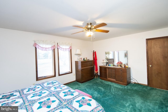 carpeted bedroom with ceiling fan