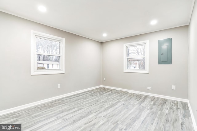 empty room featuring ornamental molding, electric panel, and light wood-type flooring