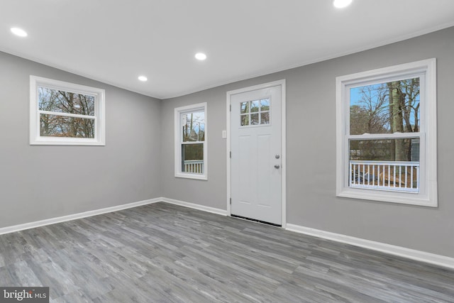 foyer featuring lofted ceiling, wood-type flooring, and a healthy amount of sunlight