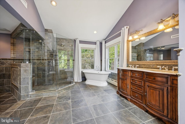 1523 Johnnys Way, West Chester, PA 19382 - full bath featuring vaulted ceiling, a stall shower, a soaking tub, double vanity, and recessed lighting