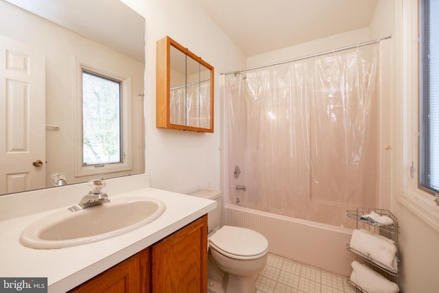 full bathroom featuring vanity, toilet, and shower / bathtub combination with curtain