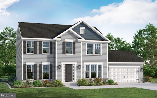 view of front facade featuring a front lawn and a garage