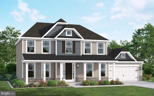 TBD Rowland Dr, Colora, MD 21917 - view of front of house featuring a porch, stone siding, concrete driveway, metal roof, and a standing seam roof