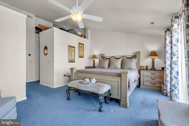 bedroom featuring carpet flooring, ceiling fan, and vaulted ceiling