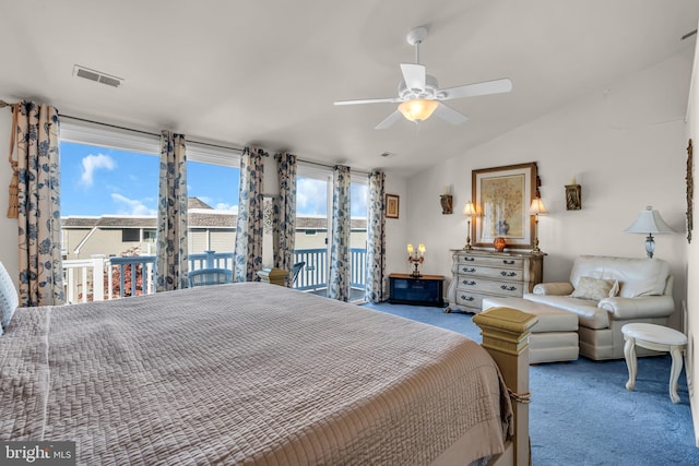 bedroom featuring access to exterior, light carpet, ceiling fan, and lofted ceiling