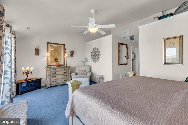 bedroom featuring lofted ceiling, light carpet, and ceiling fan