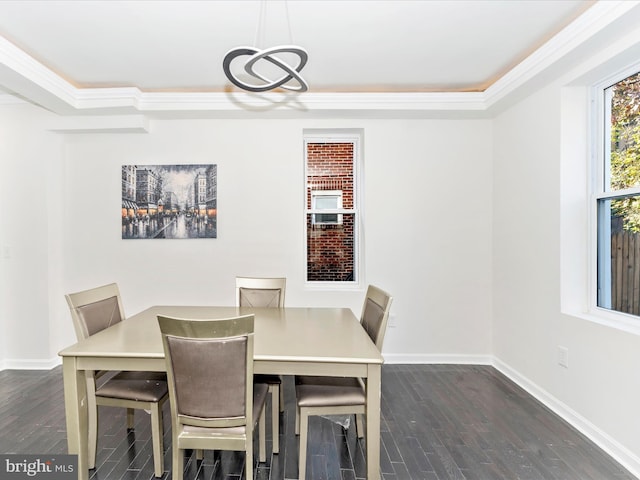 2592 Druid Park Dr, Baltimore, MD 21215 - dining area with a tray ceiling, dark wood finished floors, baseboards, ornamental molding, and a chandelier