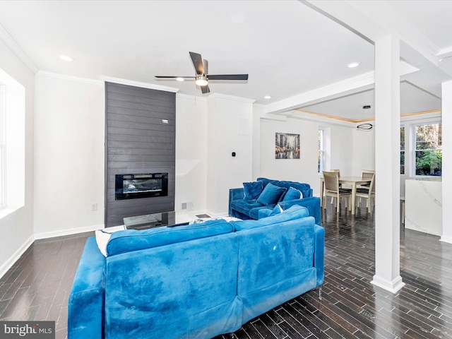 living room featuring ceiling fan, dark hardwood / wood-style flooring, and crown molding