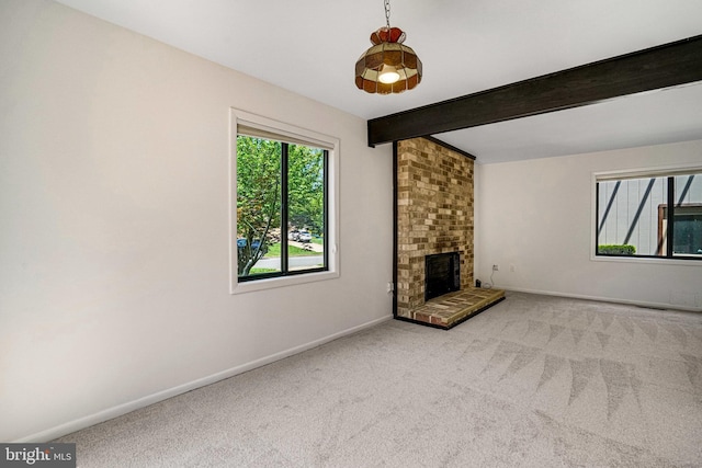 9103 Home Guard Dr, Burke, VA 22015 - unfurnished living room with baseboards, carpet, a brick fireplace, and beam ceiling