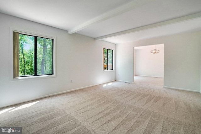 9103 Home Guard Dr, Burke, VA 22015 - spare room featuring carpet flooring, baseboards, beam ceiling, and a chandelier