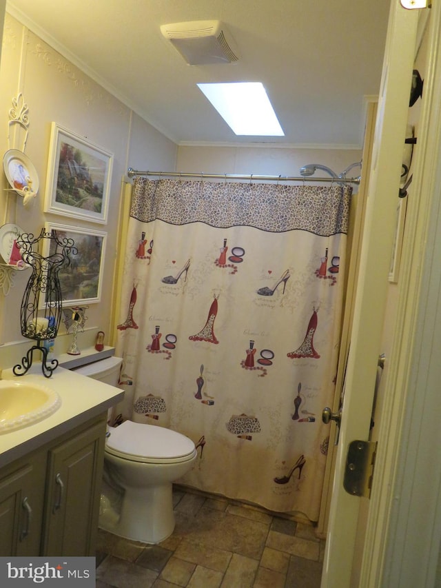 bathroom with vanity, crown molding, toilet, and a skylight