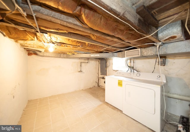 basement featuring electric panel and washing machine and dryer