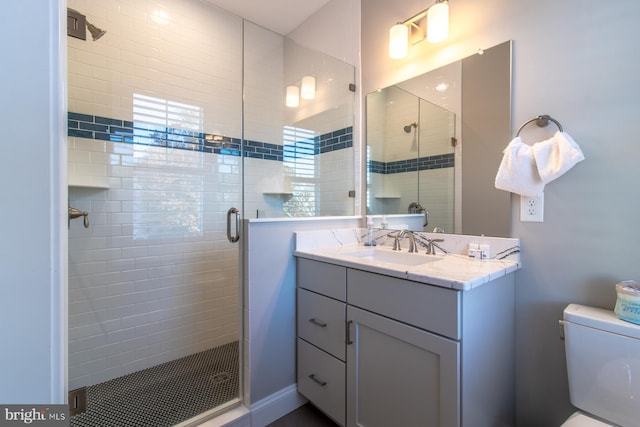 bathroom featuring vanity, a shower with shower door, and toilet