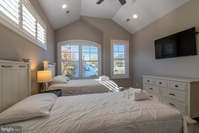 bedroom featuring lofted ceiling and ceiling fan