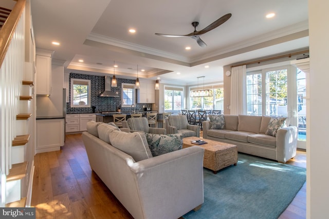 living room featuring sink, a raised ceiling, ceiling fan, dark wood-type flooring, and ornamental molding