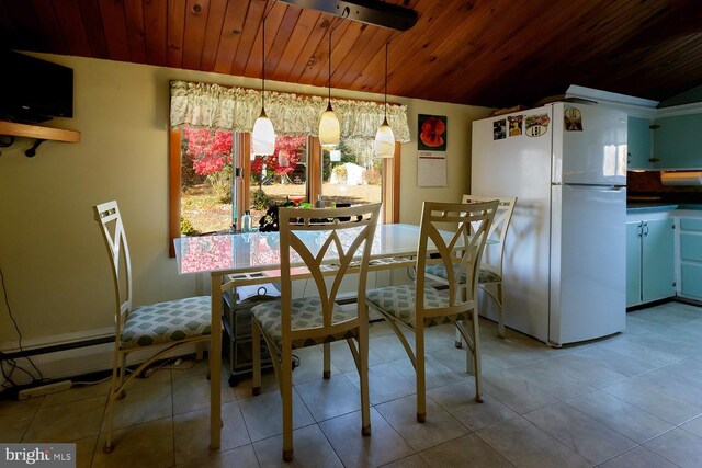 dining room with lofted ceiling, wood ceiling, and light tile patterned floors